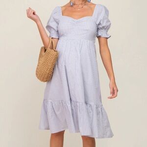Elegant Blue Striped Puff Sleeve Maternity Dress